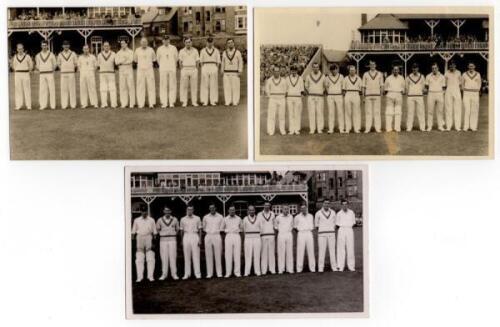 Scarborough Cricket Festival 1950. Two mono real photograph postcards of teams standing in one row wearing cricket attire, the pavilion in the background. Teams are M.C.C. (v Yorkshire, 2nd- 4th September 1950), and H.D.G. Leveson-Gower's XI (v West India