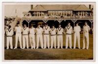 Scarborough Cricket Festival 1951. Two mono real photograph plain back postcards of teams standing in one row wearing cricket attire, the pavilion in the background. One of the South African team (v T.N. Pearce's XI, 8th- 11th September 1951), the other P