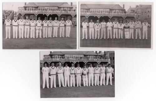 Scarborough Cricket Festival 1952. Three mono real photograph plain back postcards of teams standing in one row wearing cricket attire, the pavilion in the background. Teams are Yorkshire and M.C.C. for the match played 3rd- 5th September 1952, and T.N. P