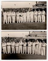Scarborough Cricket Festival 1953. T.N. Pearce's XI v Australians, 9th- 11th September 1953. Two mono real photograph plain back postcards of the teams standing in one row wearing cricket attire, the pavilion in the background. One features the Pearce XI 