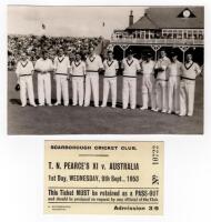 Scarborough Cricket Festival 1953. Australia. Larger format mono real photograph plain back postcard of the Australian team standing in one row wearing cricket attire, the pavilion in the background for the match v T.N. Pearce's XI, 9th- 11th September 19