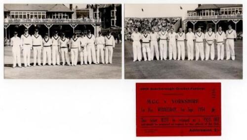 Scarborough Cricket Festival 1954. Two mono real photograph plain back postcards, one of the Canadians (v Yorkshire, 28th- 30th August 1954), the other the Yorkshire team (v M.C.C., 1st- 3rd September 1954) with original match ticket for the first day's p