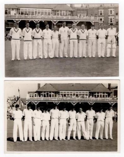 Scarborough Cricket Festival 1955. T.N. Pearce's XI v South Africans, 7th- 9th September 1955. Two mono real photograph plain back postcards of the teams standing in one row wearing cricket attire, the pavilion in the background. One features the Pearce X