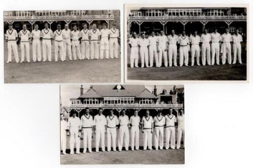 Scarborough Cricket Festival 1955. Three mono real photograph plain back postcards of teams standing in one row wearing cricket attire, the pavilion in the background. Teams are for Yorkshire v M.C.C., 31st August- 2nd September 1955, and Players (v Gentl