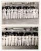 Scarborough Cricket Festival 1955. Yorkshire v M.C.C., 31st August- 2nd September 1955. Two mono real photograph plain back postcards of the teams standing in one row wearing cricket attire, the pavilion in the background. One features the Yorkshire team 