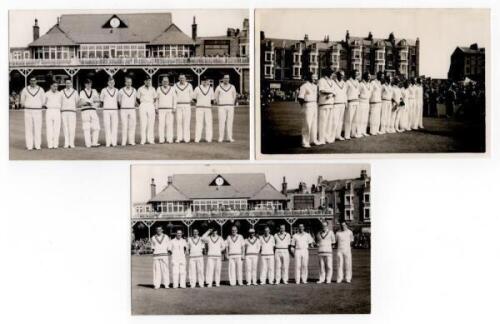Scarborough Cricket Festival 1956. Three mono real photograph plain back postcards of teams standing in one row wearing cricket attire, two with the pavilion in the background. Teams are Yorkshire (v M.C.C.) 29th- 31st August 1956, Players (v Gentlemen) 1