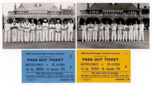 Scarborough Cricket Festival 1956. Gentlemen v Players, 2nd- 4th September 1956. Two mono real photograph plain back postcards of the teams standing in one row wearing cricket attire, the pavilion in the background. One features the Gentlemen team includi