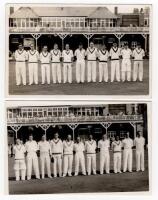 Scarborough Cricket Festival 1957. Yorkshire v M.C.C., 31st August- 3rd September 1957. Two mono real photograph plain back postcards of the teams standing in one row wearing cricket attire, the pavilion in the background. One features the Yorkshire team 