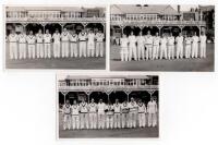 Scarborough Cricket Festival 1957. Yorkshire v M.C.C., 31st August- 3rd September 1957. Two mono real photograph plain back postcards of the teams standing in one row wearing cricket attire, the pavilion in the background. One features the Yorkshire team 