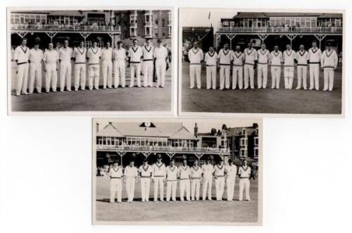 Scarborough Cricket Festival 1959 and 1960. Three mono real photograph plain back postcards of teams standing in one row wearing cricket attire with the pavilion in the background. Teams are Yorkshire (v M.C.C.) 2nd- 4th September 1959, Yorkshire (v M.C.C
