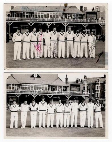Scarborough Cricket Festival 1960. Two mono real photograph plain back postcards of teams standing in one row wearing cricket attire with the pavilion in the background. Teams are South Africans (v T.N. Pearce's XI) 7th- 9th September 1960, signed to the 