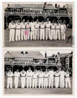 Scarborough Cricket Festival 1960. Two mono real photograph plain back postcards of teams standing in one row wearing cricket attire with the pavilion in the background. Teams are South Africans (v T.N. Pearce's XI) 7th- 9th September 1960, signed to the 