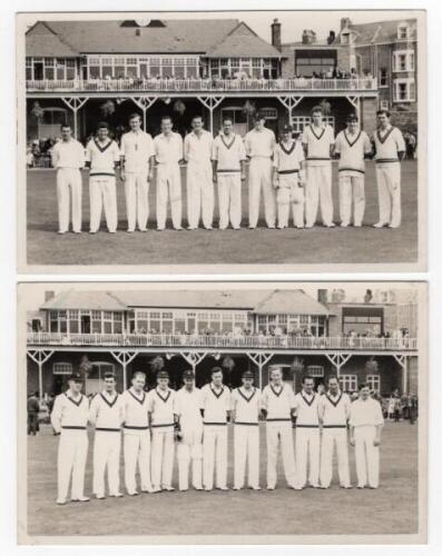 Scarborough Cricket Festival 1960. T.N. Pearce's XI v South Africans, 7th- 9th September 1960. Two mono real photograph plain back postcards of the teams standing in one row wearing cricket attire, the pavilion in the background. One features the Pearce X