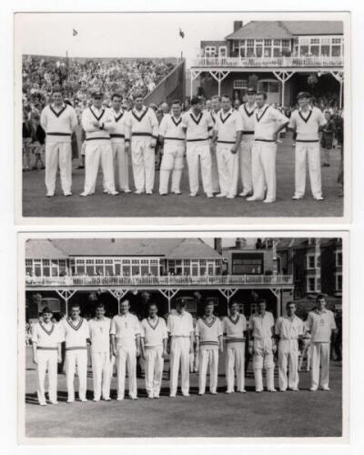 Scarborough Cricket Festival 1961. Two mono real photograph plain back postcards of teams standing in one row wearing cricket attire with the pavilion in the background. Teams are Australians (v T.N. Pearce's XI) 6th- 8th September 1961 featuring McKenzie