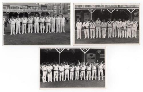 Scarborough Cricket Festival 1964 and 1965. Three mono real photograph plain back postcards of teams standing in one row wearing cricket attire with the pavilion in the background. Teams are T.N. Pearce's XI (v Australians) 5th- 8th September 1964, nine p