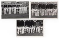 Scarborough Cricket Festival 1964 and 1965. Three mono real photograph plain back postcards of teams standing in one row wearing cricket attire with the pavilion in the background. Teams are T.N. Pearce's XI (v Australians) 5th- 8th September 1964, nine p