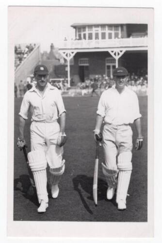 Scarborough Cricket Festival 1928. Yorkshire v M.C.C., 1st- 4th September 1928. Mono real photograph plain back postcard of Dawson and Haig walking out to bat for M.C.C. Stamp for Walkers Studio, Scarborough, to verso. VG - cricket