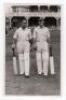Scarborough Cricket Festival 1938. H.D.G. Leveson-Gower's XI v Australians, 10th- 12th September 1938. Mono real photograph postcard of Herbert Sutcliffe and Len Hutton walking out to bat for Leveson-Gower's XI, the pavilion in the background. Stamp for W