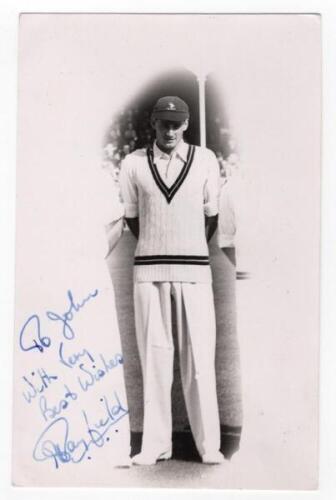 Hugh Joseph Tayfield. Natal, Rhodesia, Transvaal & South Africa 1945-1963. Mono real photograph postcard of Tayfield in cameo standing full length wearing cricket attire at Scarborough, probably on the 1951 tour to England. Nicely signed to the photograph