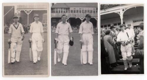 Len Hutton. Three mono real photograph plain back postcards of Hutton walking out to bat at Scarborough with Frank Lowson, probably early 1950s. One image is signed in black ink to the photograph by both players, the Lowson signature faded. The third post