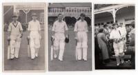 Len Hutton. Three mono real photograph plain back postcards of Hutton walking out to bat at Scarborough with Frank Lowson, probably early 1950s. One image is signed in black ink to the photograph by both players, the Lowson signature faded. The third post