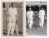 Scarborough Cricket Festival 1959. Trevor Bailey, Essex & England. Mono real photograph plain back postcard of Bailey standing full length leaning on his bat in 1959. Sold with a mono real photograph plain back postcard of Bailey walking out to bat at Sca