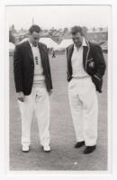 Scarborough Cricket Festival 1961. T.N. Pearce's XI v Australians, 6th- 8th September 1961. Mono real photograph plain back postcard of the captains, Peter May and Richie Benaud tossing for innings. Assumed to be by Walkers Studio, Scarborough. VG - crick
