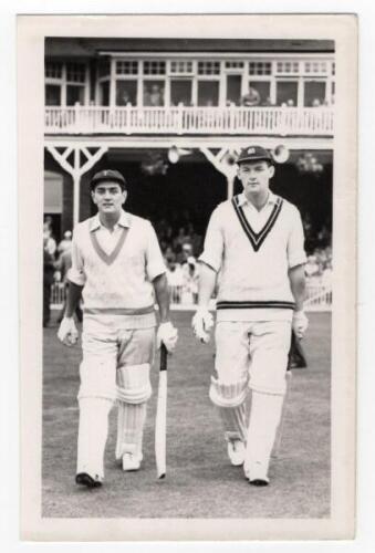Scarborough Cricket Festival 1962. Gentlemen v Players, 8th- 11th September 1962. Mono real photograph plain back postcard of Tony Lewis and Roger Prideaux walking out to bat for the Gentlemen. Assumed to be by Walkers Studio, Scarborough. VG - cricket