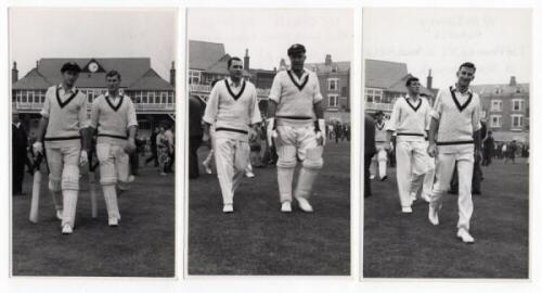 Scarborough Cricket Festival 1964. Australia. Seven mono real photograph plain back postcards, each featuring members of the Australian team for the match v T.N. Pearce's XI, 6th- 8th September 1964, depicted entering and leaving the field of play, signin