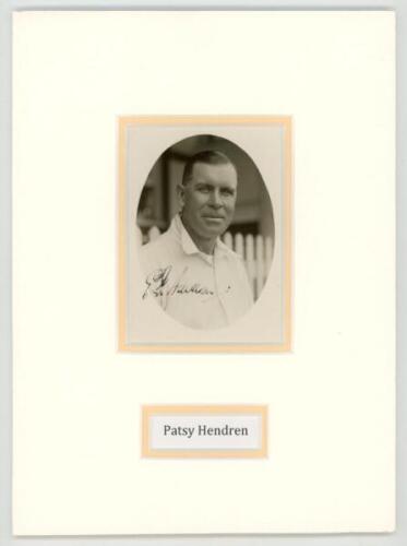 Elias Henry 'Patsy' Hendren. Middlesex & England 1907-1937. Original mono postcard size head and shoulders portrait of Hendren in cameo. Nicely signed in black ink to the photograph by Hendren. Possibly by Wilkes. Approx. 3"x4.25" in modern mount, overall