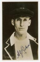 Arthur John Richardson. South Australia & Australia 1918-1930. Mono real photograph postcard, head and shoulders, of Richardson wearing South Australia cap in 1926. Very nicely signed in blue ink by Richardson. Title to lower border 'A.J. Richardson'. Bio