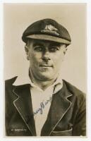 Warren Bardsley. New South Wales & Australia 1903-1926. Mono real photograph postcard of Bardsley, head and shoulders, wearing Australian cap and blazer. Nicely signed in blue ink by Bardsley. Title to lower border 'W. Bardsley'. Biography printed to vers