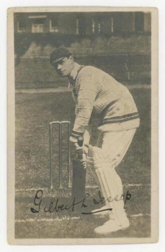 Gilbert Laird Jessop, Gloucestershire & England 1894-1914. Mono postcard of Jessop, full length, in distinctive crouched batting pose with unorthodox grip. The postcard nicely signed to image in black ink by Jessop. The Ideal London Studios, Hammersmith. 