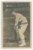 Gilbert Laird Jessop, Gloucestershire & England 1894-1914. Mono postcard of Jessop, full length, in distinctive crouched batting pose with unorthodox grip. The postcard nicely signed to image in black ink by Jessop. The Ideal London Studios, Hammersmith. 