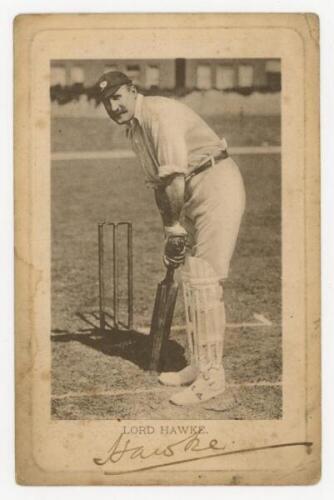 Lord Martin Bladen Hawke. Cambridge University, Yorkshire & England 1881-1912. Mono postcard of Hawke in batting pose at the crease. Signed in ink to lower border 'Hawke'. Wrench series no. 2933. Postally used and postmarked 16th May 1907. Some soiling an
