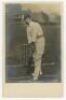 Thomas Walter Hayward. Surrey & England 1893-1914. Mono real photograph postcard of Hayward, full length, in batting pose. Nicely signed in black ink by Hayward to the photograph. Rapid series no. 1233. Postally used and postmarked 1906. Some silvering an