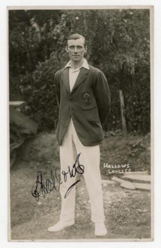 Charles Hallows. Lancashire & England 1914-1932. Mono real photograph postcard of Hallows standing full length wearing Lancashire blazer. Nicely signed in ink by Hallows. Bailey of Bournemouth. Further stamp to verso of Spalding of Brighton, County Ground