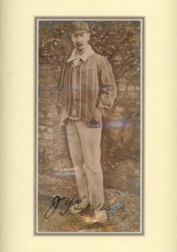 John Thomas Tyldesley. Lancashire & England 1895-1923. Unusually large sepia 'real photograph' postcard of Tyldesley in cricket blazer and Lancashire cap, the photograph very nicely signed in black ink by Tyldesley. Publisher unknown. 5"x9.5", mounted, fr