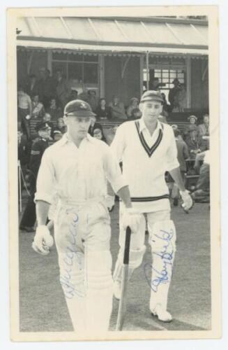 South Africa tour to England 1955. Mono real photograph plain back postcard of Jackie McGlew and Tayfield walking out to bat for the South Africans in the tour match v Sussex at Hove, 18th-21st June 1955. Signed in blue ink to the photograph by both playe