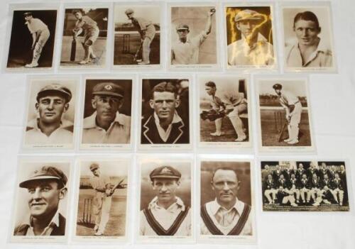 'Australian Test Team' 1930. Full set of fifteen real photograph postcards of members of the Australian team to England, some head and shoulders, some posed or action images. Players are Woodfull, Ponsford, Grimmett, Kippax, Hornibrook, Jackson, McCabe, O