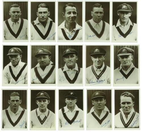 Australian tour of England 1930. Excellent complete set of fifteen sepia real photograph plain back postcards of each member of the Australian touring party. Each player featured on the postcards has been taken head and shoulders, wearing Australian sweat