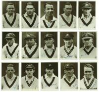 Australian tour of England 1930. Excellent complete set of fifteen sepia real photograph plain back postcards of each member of the Australian touring party. Each player featured on the postcards has been taken head and shoulders, wearing Australian sweat