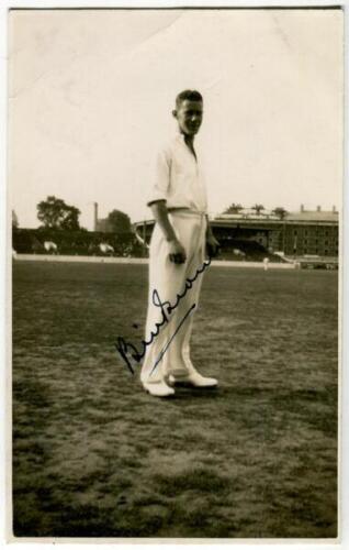William A. 'Bill' Brown, New South Wales & Australia 1932-1950. Mono real photograph postcard of Brown full length on the field. Very nicely signed in ink by Brown. Series unknown. Odd minor faults otherwise in good condition - cricket