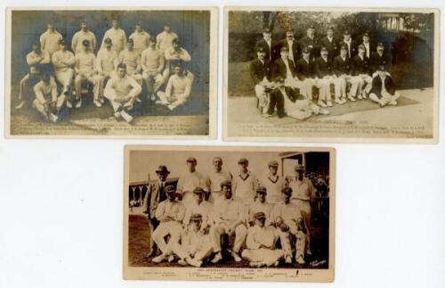 Early Australia team postcards 1905-1930. Three original postcards of Australia Test teams, each depicting the players seated and standing in rows wearing cricket attire. Two different mono postcards of the 1905 touring party to England each with printed 