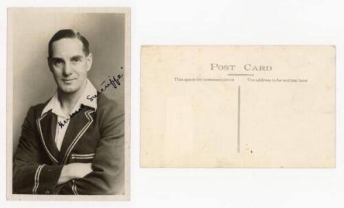 Herbert Sutcliffe. Yorkshire & England 1919-1945. Mono real photograph postcard of Sutcliffe, half length, wearing England touring blazer. Nicely signed in blue ink by Sutcliffe. Very good condition - cricket