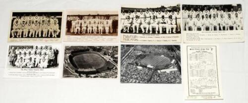 Tour/ team postcards 1930-1963. Five official mono real photograph postcards of touring teams to England. Teams are Australia 1930, New Zealand 1949, and 1958, West Indies 1957 and 1963, two with printed signatures to verso. Sold with two mono real photog