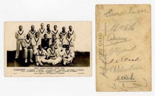 West Indies tour to England 1933. Official mono real photograph postcard of the West Indies team for the 1933 tour. Signed in pencil to verso by ten members of the touring party, Martindale, Christiani, Da Costa, Merry, Grant, Hoad, Valentine, Wiles, Barr