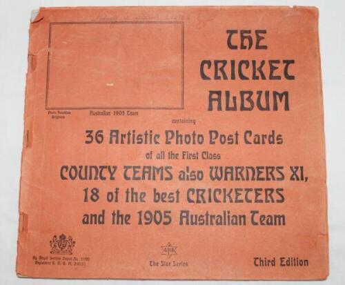 'The Cricket Album, containing 36 artistic photo post cards of all the first class county teams, also Warners XI, 18 of the best Cricketers and the 1905 Australian team'. 3rd edition. The Star Series. Complete original orange covered album of uncut postca