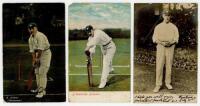 George Hirst. Yorkshire & England 1891-1929. Colour postcard of Hirst in batting pose at the crease, signed in ink by Hirst, some fading to signature. National Series. Postmarked 1911. Sold with colour postcards of J. Tunnicliffe, Yorkshire, publisher unk