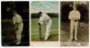 George Hirst. Yorkshire & England 1891-1929. Colour postcard of Hirst in batting pose at the crease, signed in ink by Hirst, some fading to signature. National Series. Postmarked 1911. Sold with colour postcards of J. Tunnicliffe, Yorkshire, publisher unk